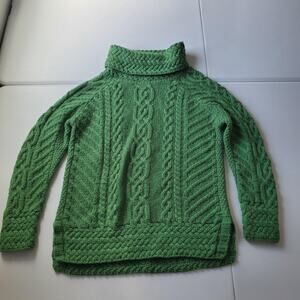 SAOL Sweater Womens Medium Green Merino Wool Cable Knit Turtleneck Aran Ireland